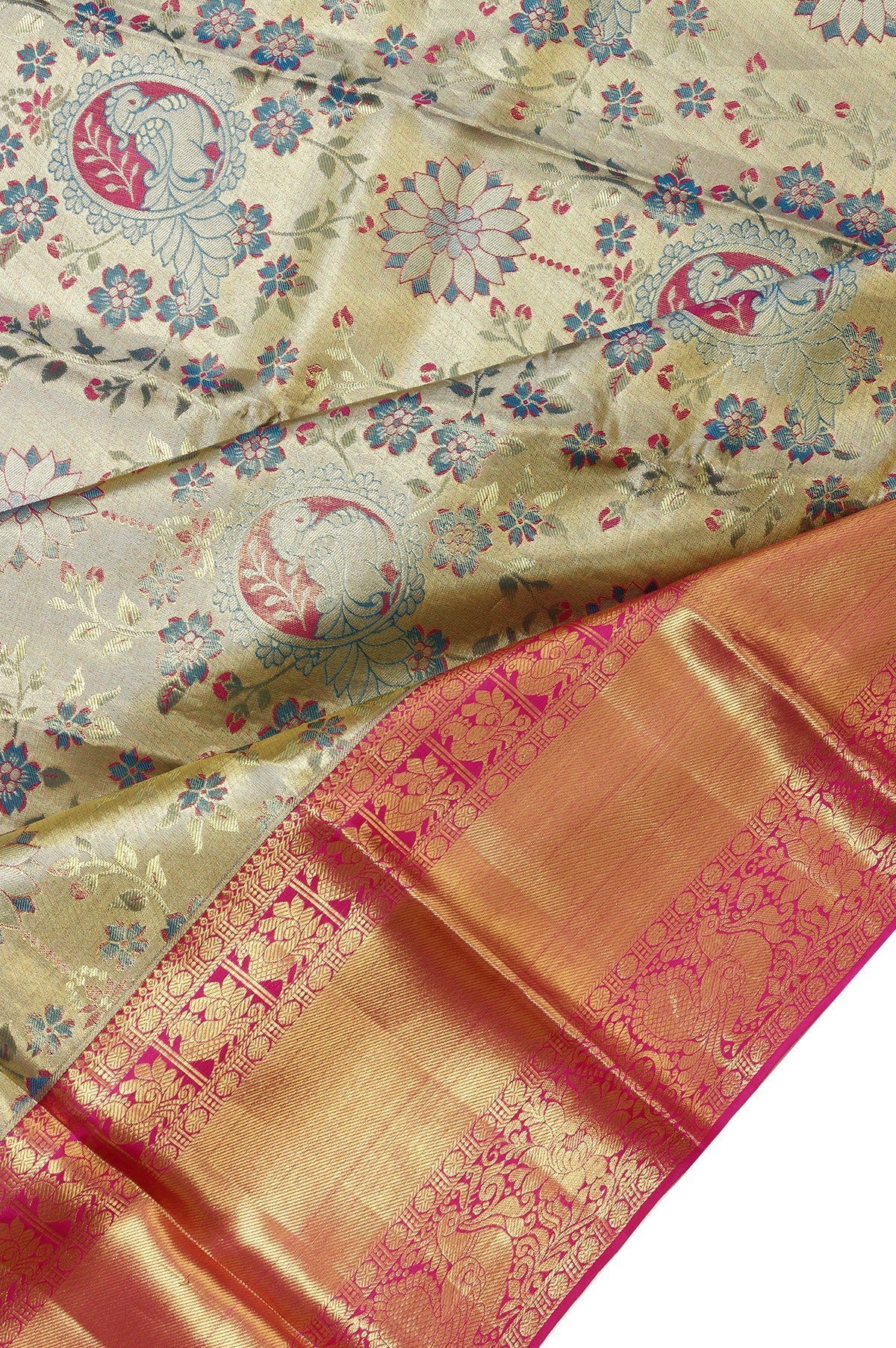 Gold Kanchipuram Silk Saree with Mayil Motifs and Pink Pallu - Image 2