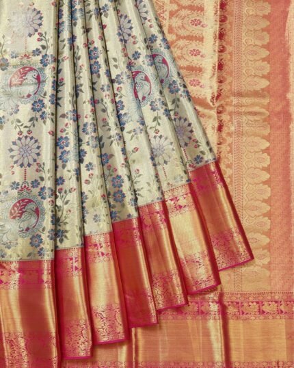 Gold Kanchipuram Silk Saree with Mayil Motifs and Pink Pallu