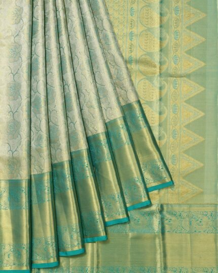 Gold Kanchipuram Silk Saree with Floral Design and Sea Green Border