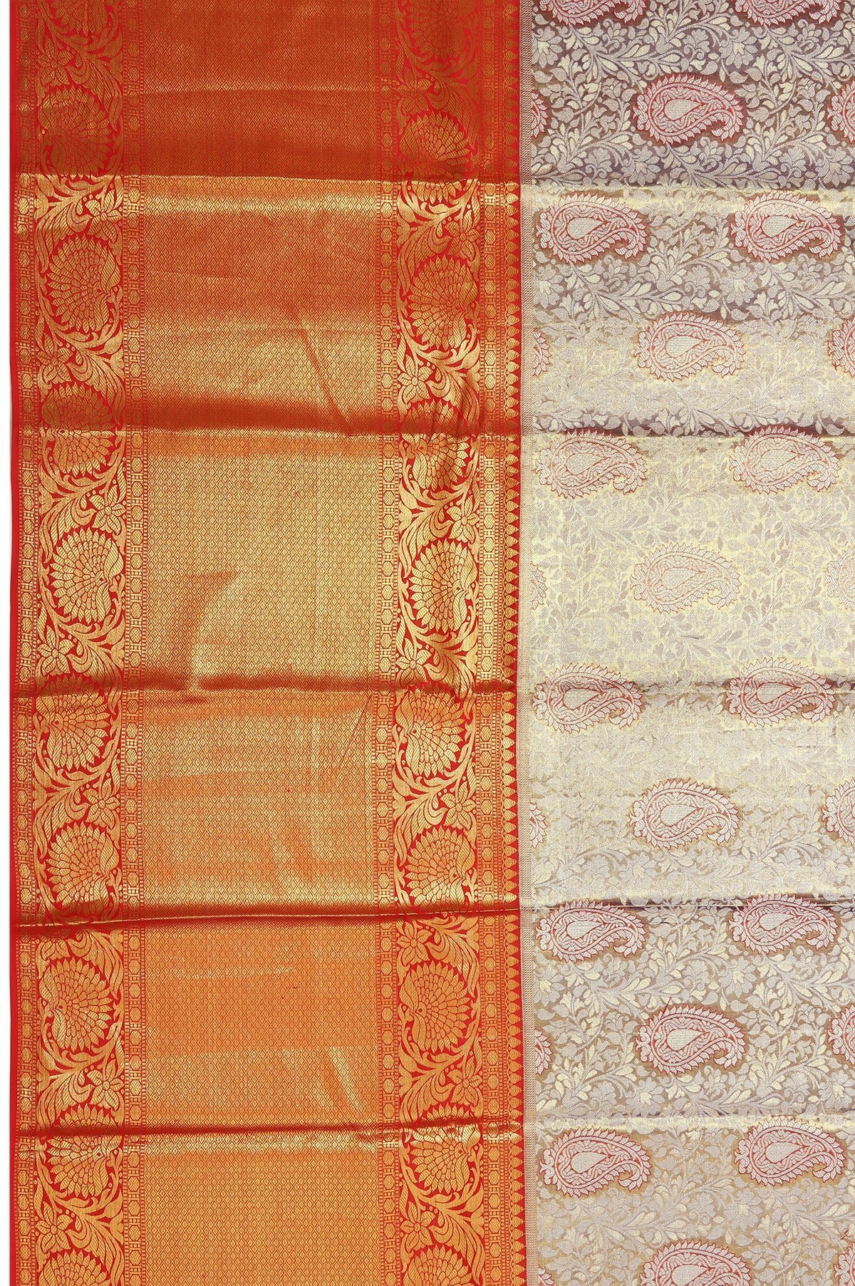 Blue Kanchipuram Silk Saree with Floral Zari and Red Pallu Regular price - Image 3