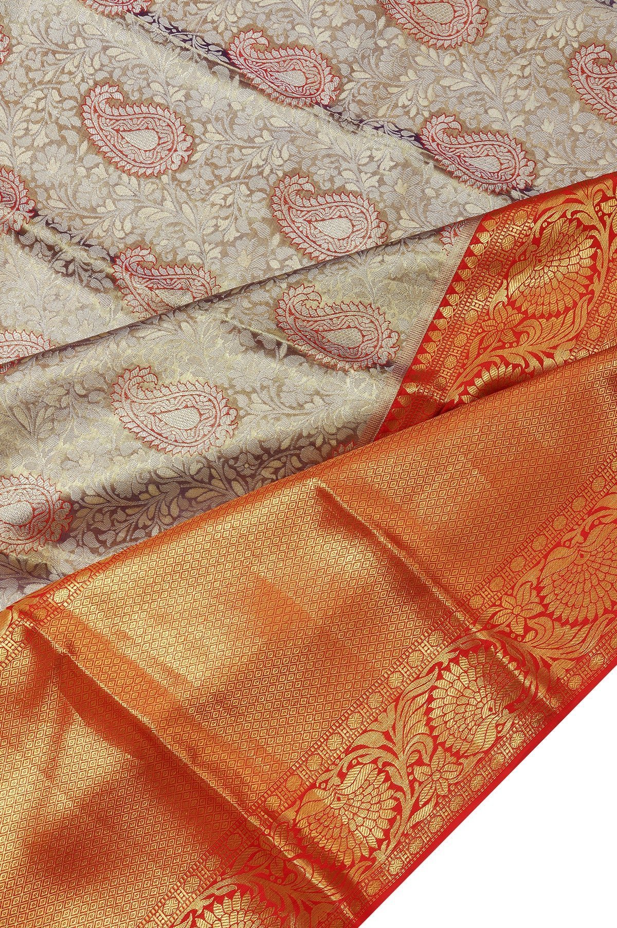 Blue Kanchipuram Silk Saree with Floral Zari and Red Pallu Regular price - Image 2