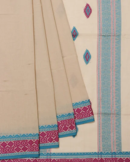 Plain Beige Bengal Cotton Saree with Sea Blue Border