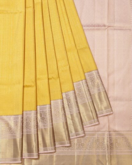Yellow Kanchipuram Silk Saree with Onion Pink Zari