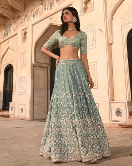 Baliye Organza Satin Teal Blue Lehenga