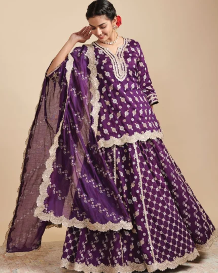 Surkh Silk Purple Kurta with Lehenga Set