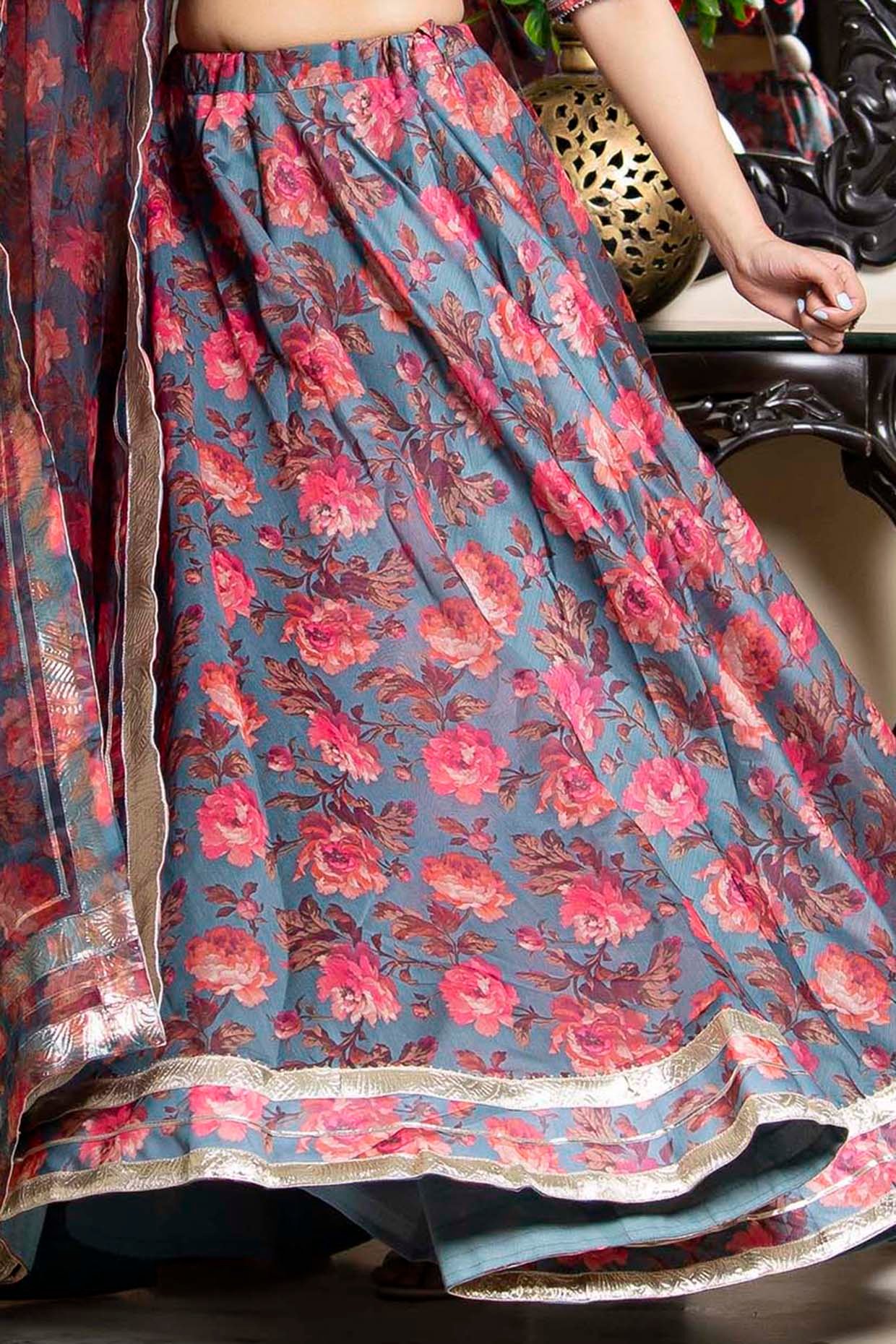 Grey Chanderi Floral Printed Flared Lehenga Set - Image 4