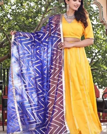 Yellow Cotton Silk Gota Work Kalidar Flared Lehenga Set