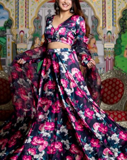 Black Satin Floral Printed Flared Lehenga Set