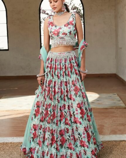 Green Viscose Organza Floral Printed Lehenga Set
