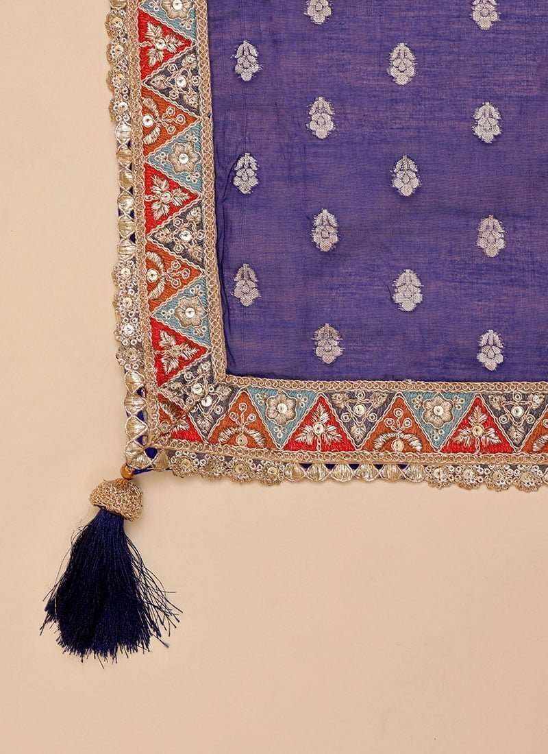 Blue Viscose Chanderi Silk Embroidered N Zari Work Saree Party Wear - Image 7