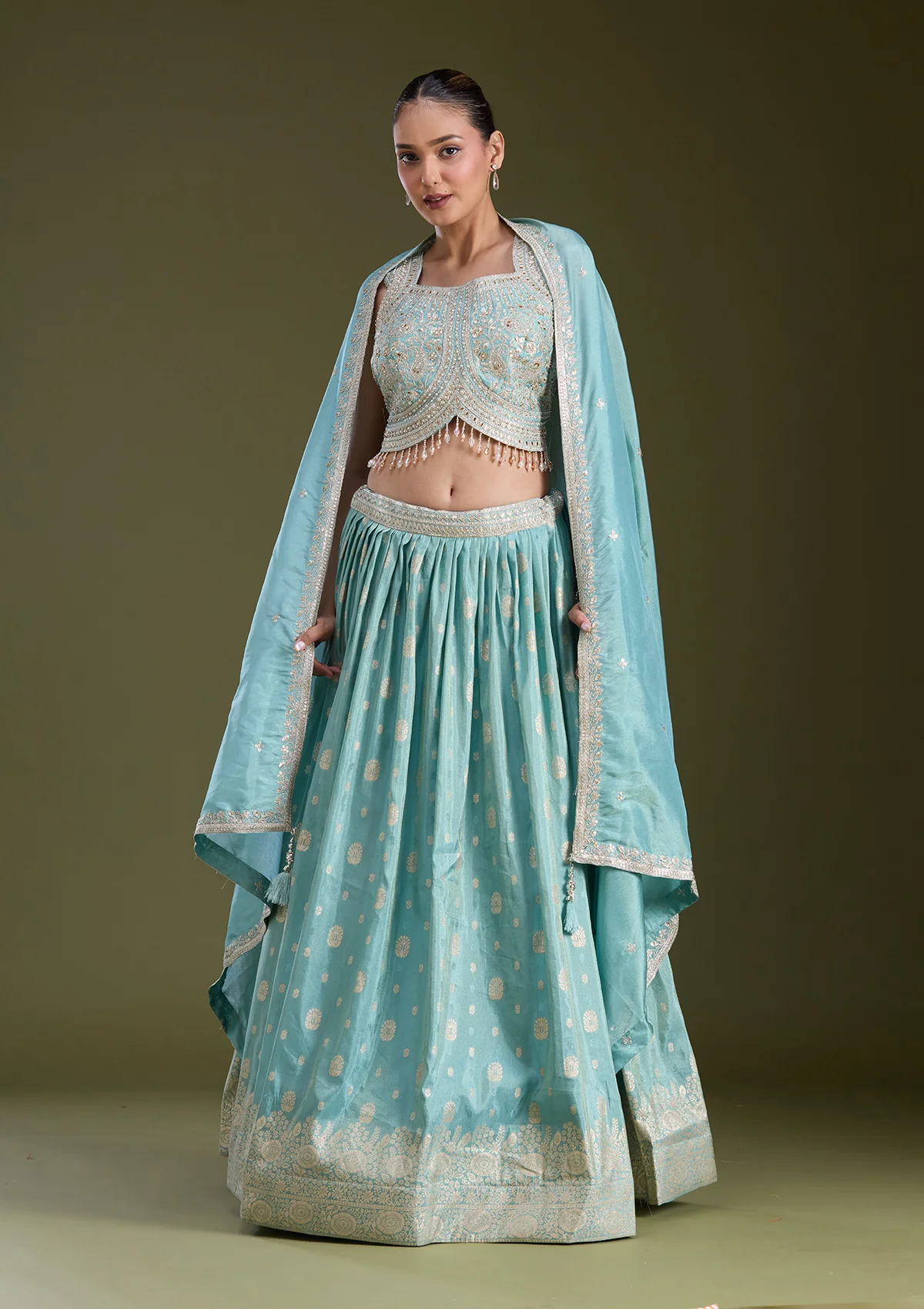 Sky Blue Sequins Banarasi Readymade Lehenga - Image 2