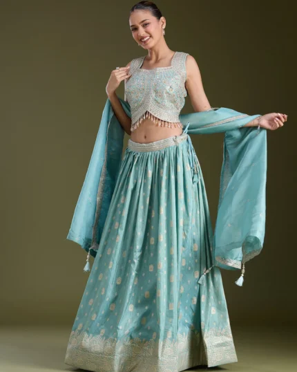 Sky Blue Sequins Banarasi Readymade Lehenga
