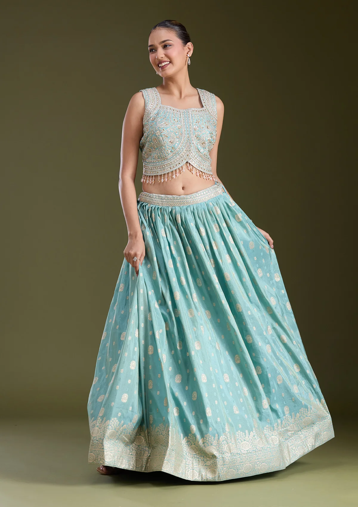 Sky Blue Sequins Banarasi Readymade Lehenga - Image 4