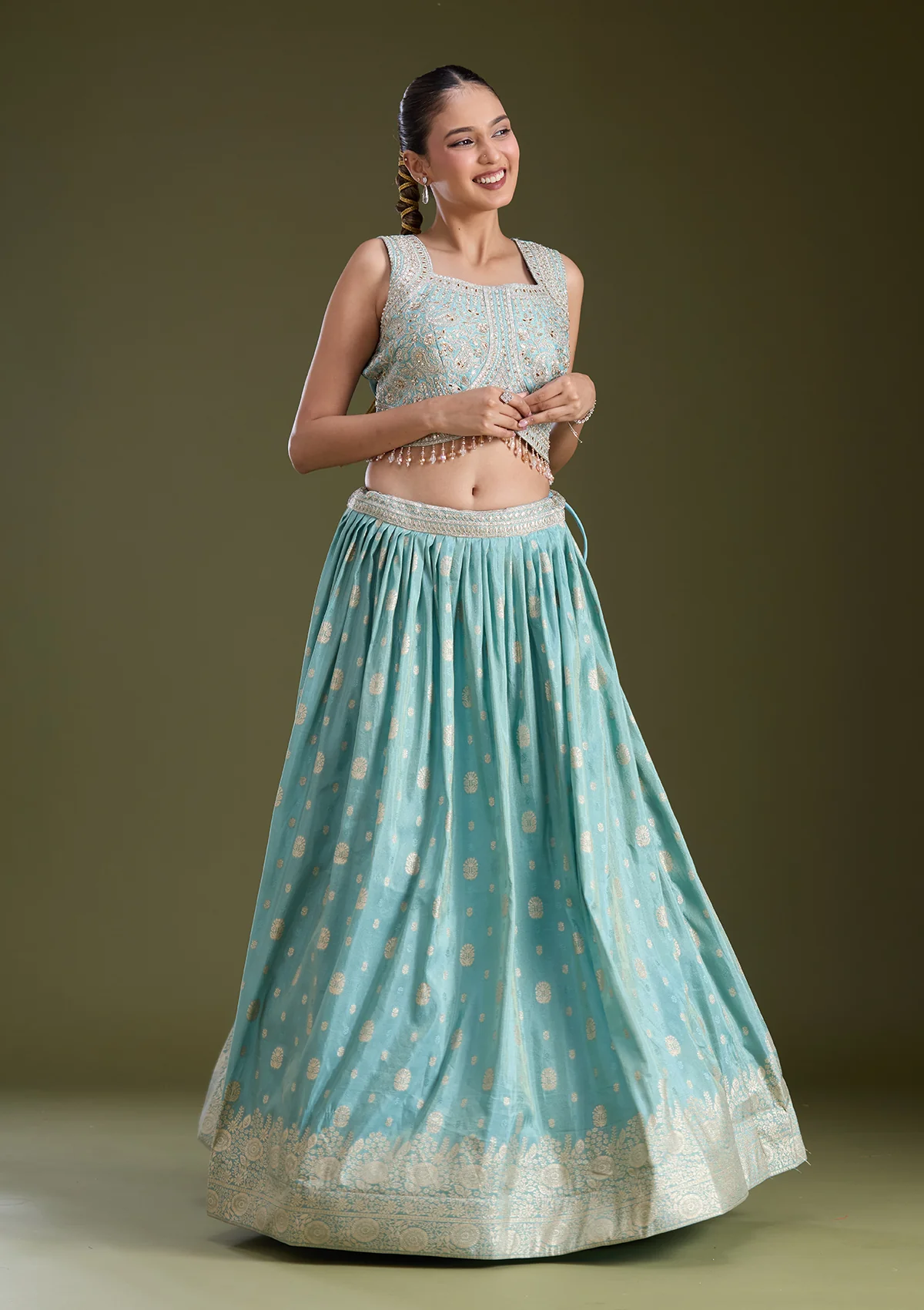 Sky Blue Sequins Banarasi Readymade Lehenga - Image 5