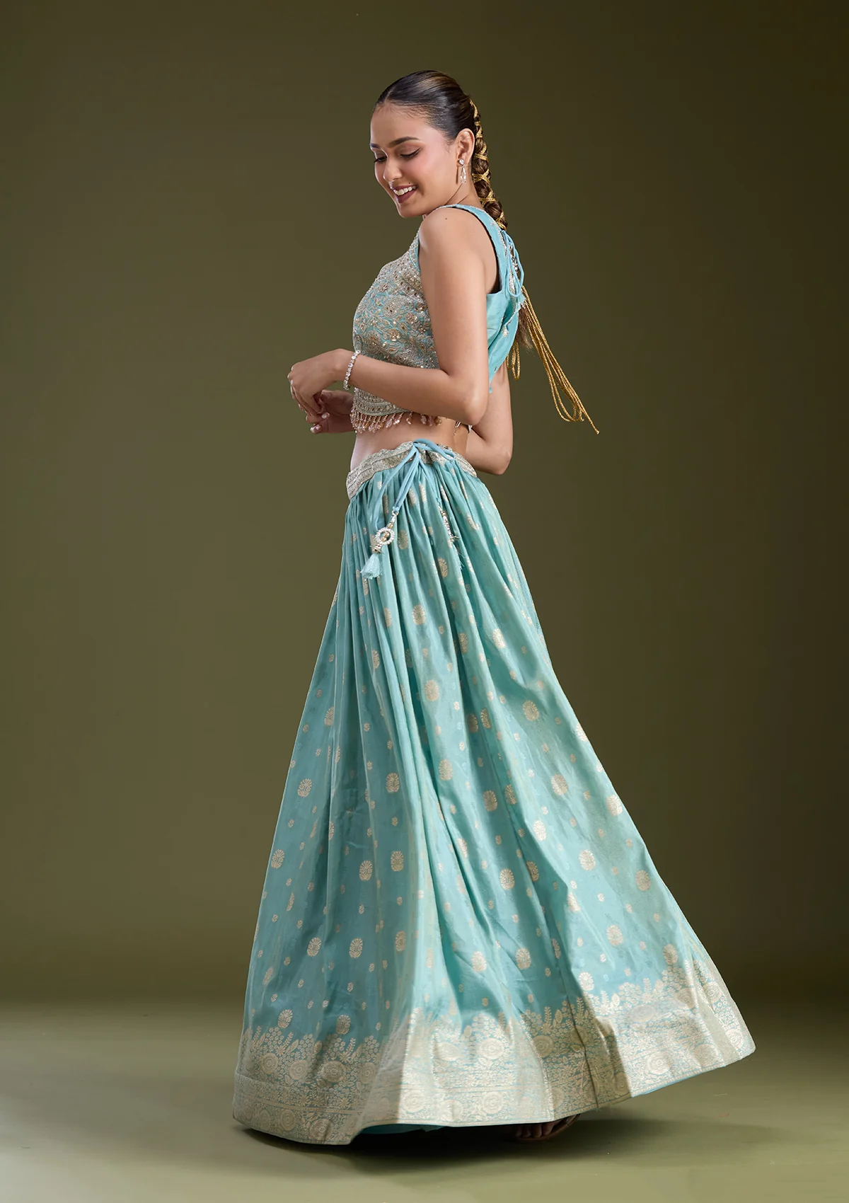 Sky Blue Sequins Banarasi Readymade Lehenga - Image 6