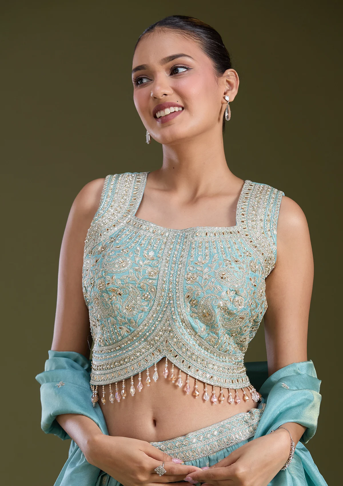 Sky Blue Sequins Banarasi Readymade Lehenga - Image 7