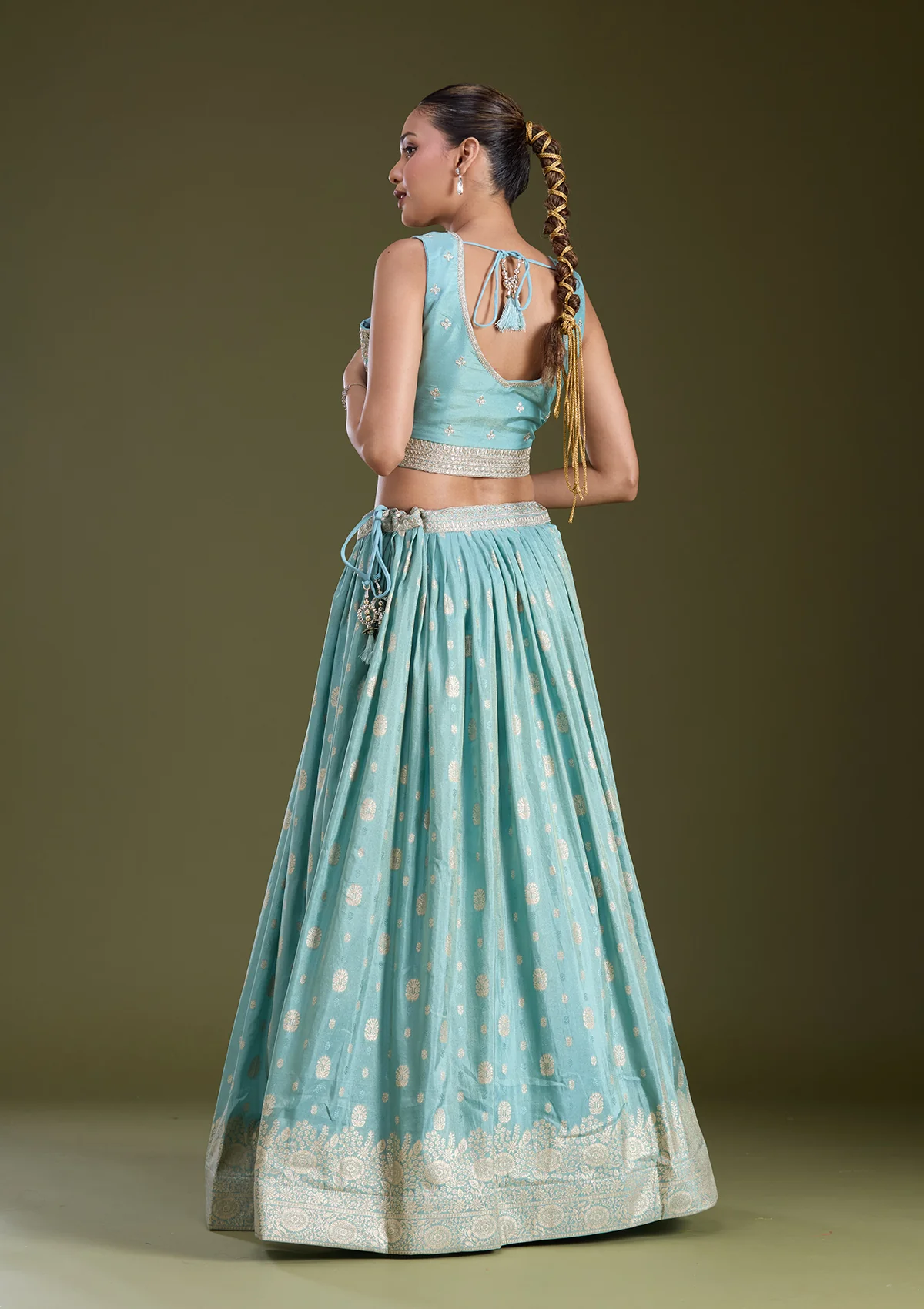 Sky Blue Sequins Banarasi Readymade Lehenga - Image 8
