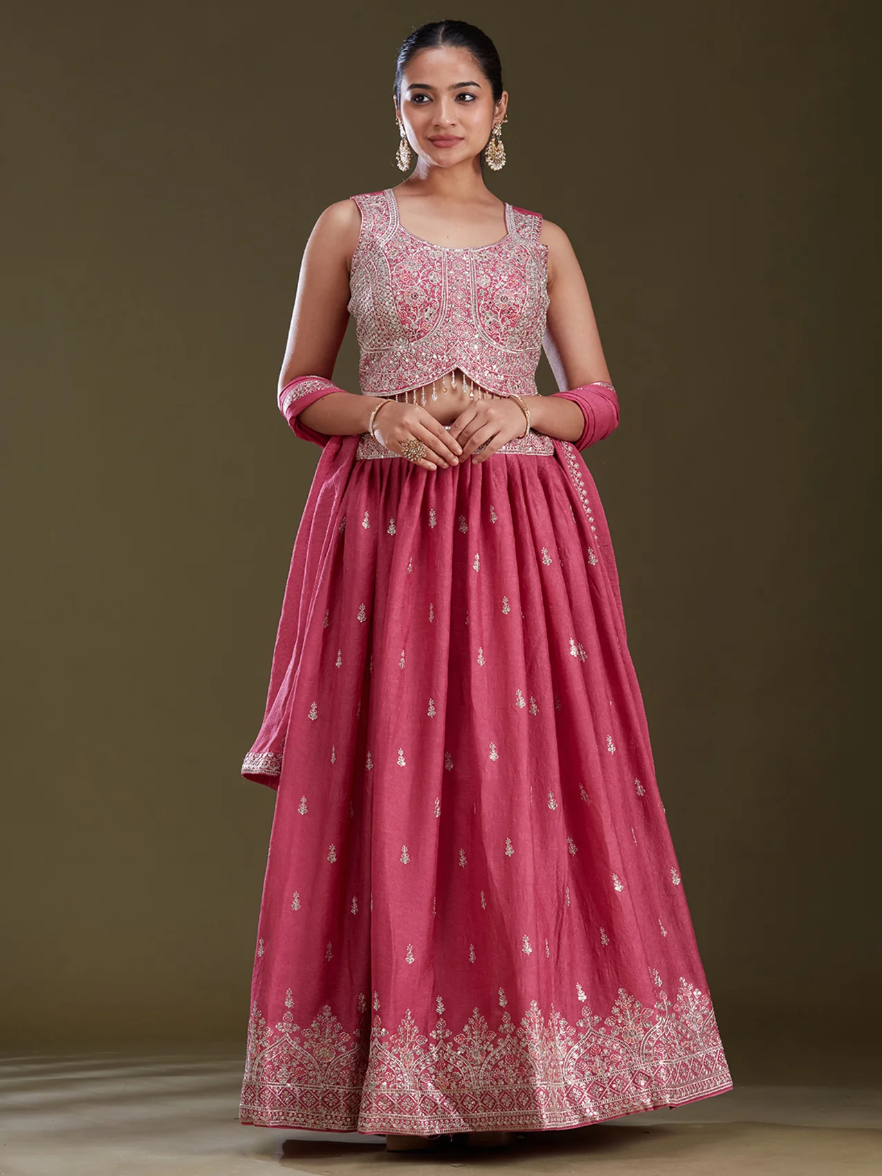 Pink Zariwork (Silver) Soft Raw Silk Readymade Lehenga - Image 2