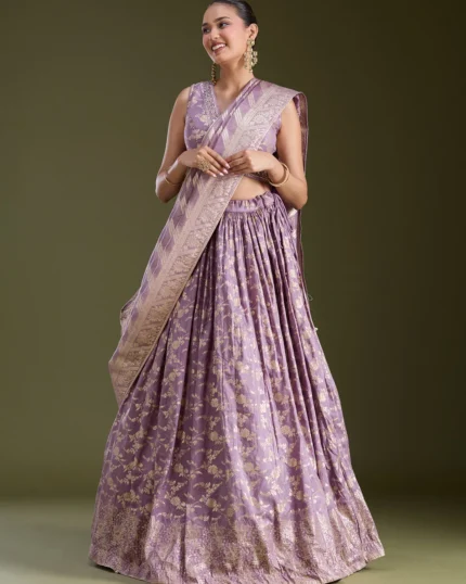 Dark Lavender Sequins Soft Raw Silk Readymade Lehenga