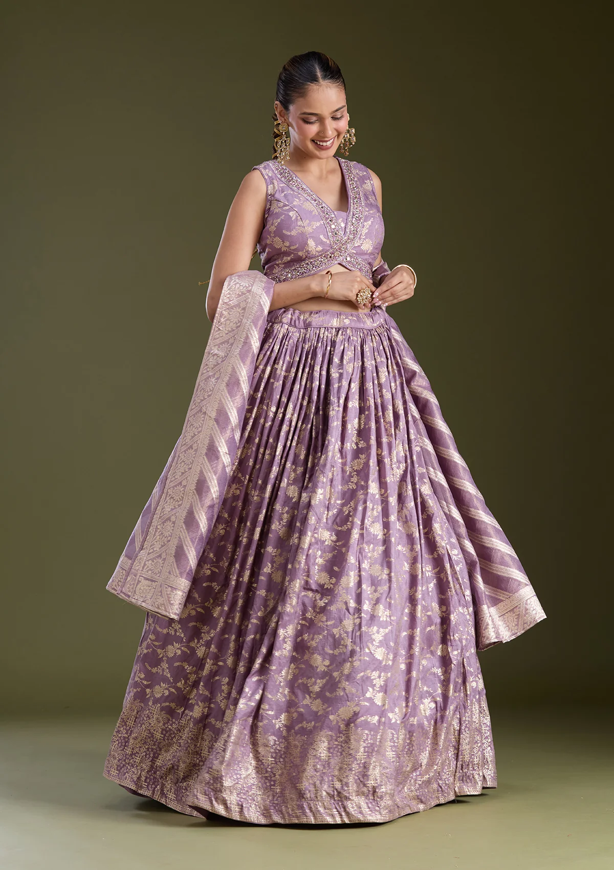 Dark Lavender Sequins Soft Raw Silk Readymade Lehenga - Image 3