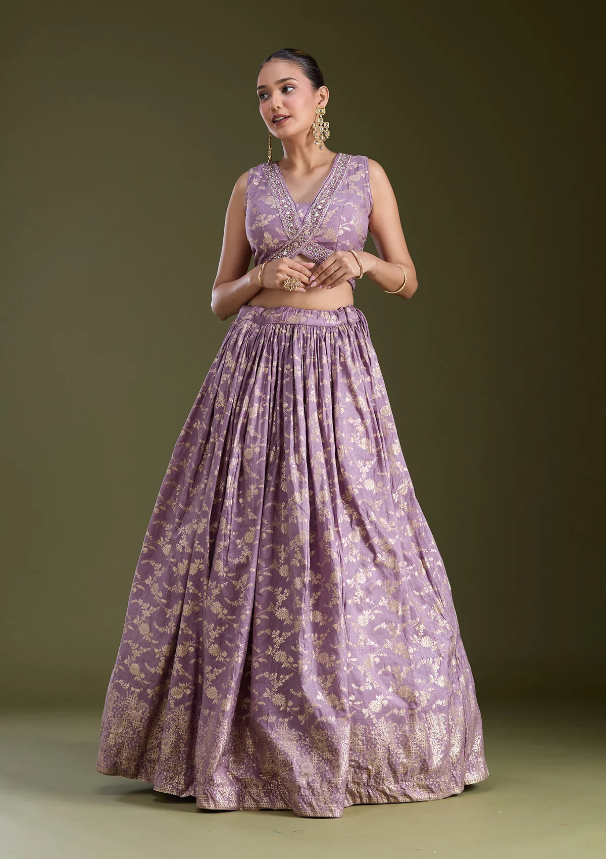 Dark Lavender Sequins Soft Raw Silk Readymade Lehenga - Image 4
