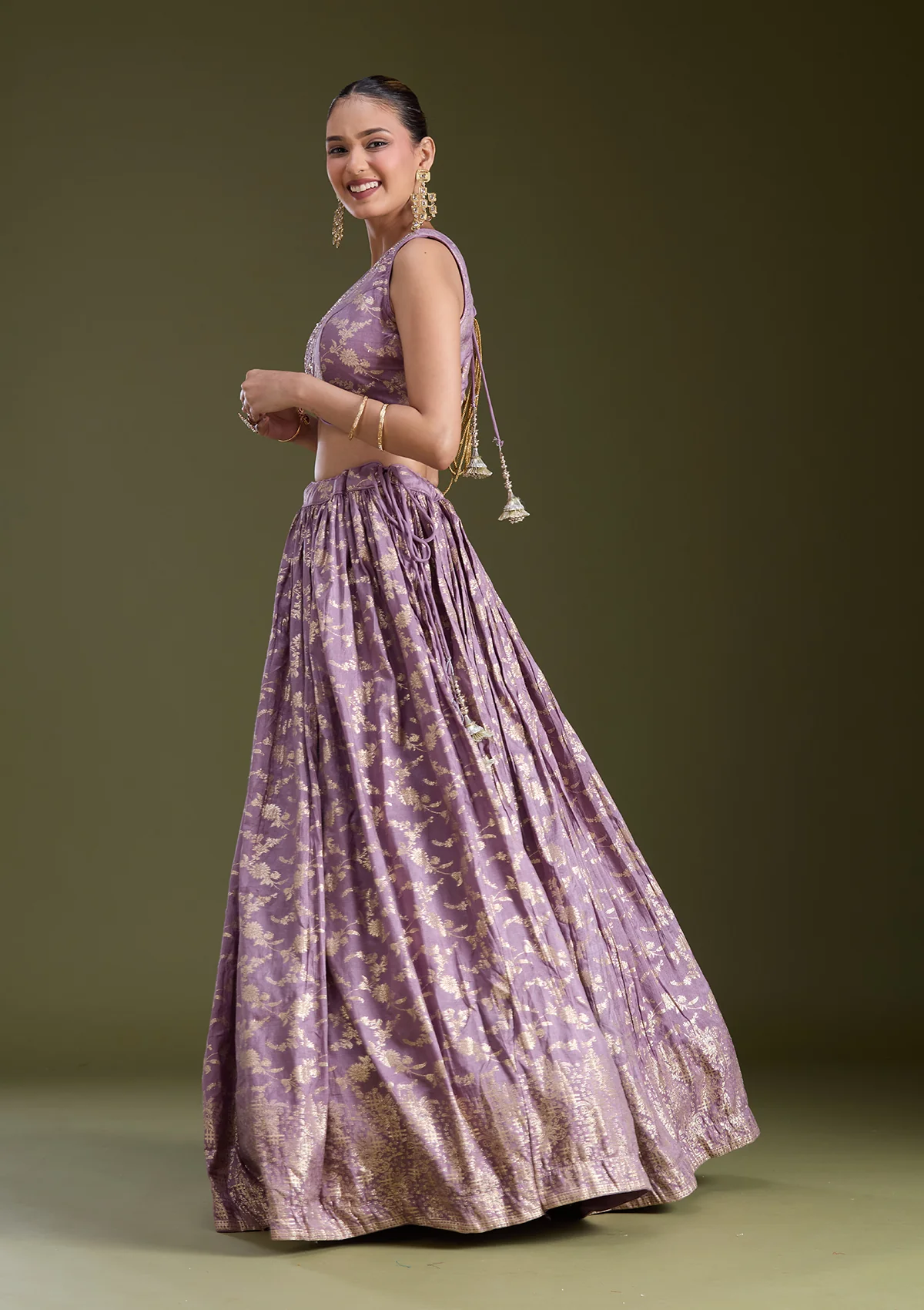 Dark Lavender Sequins Soft Raw Silk Readymade Lehenga - Image 5