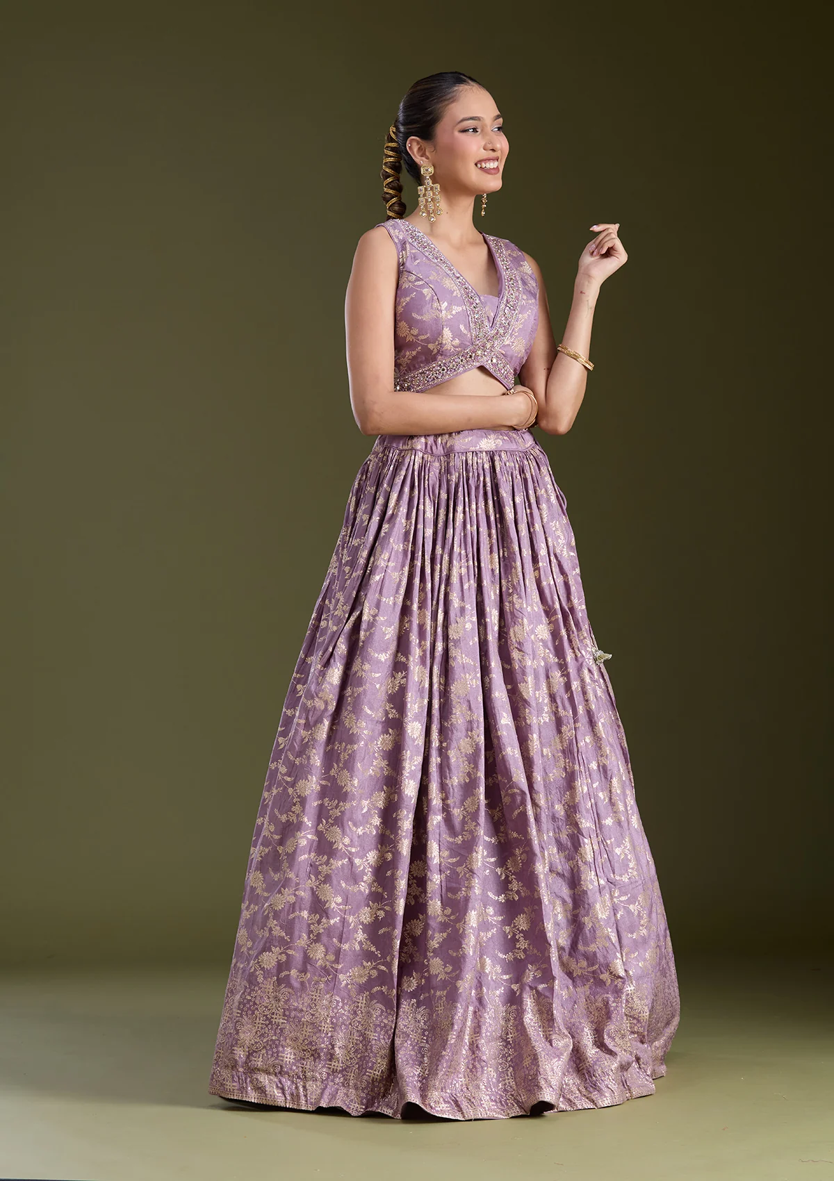 Dark Lavender Sequins Soft Raw Silk Readymade Lehenga - Image 6