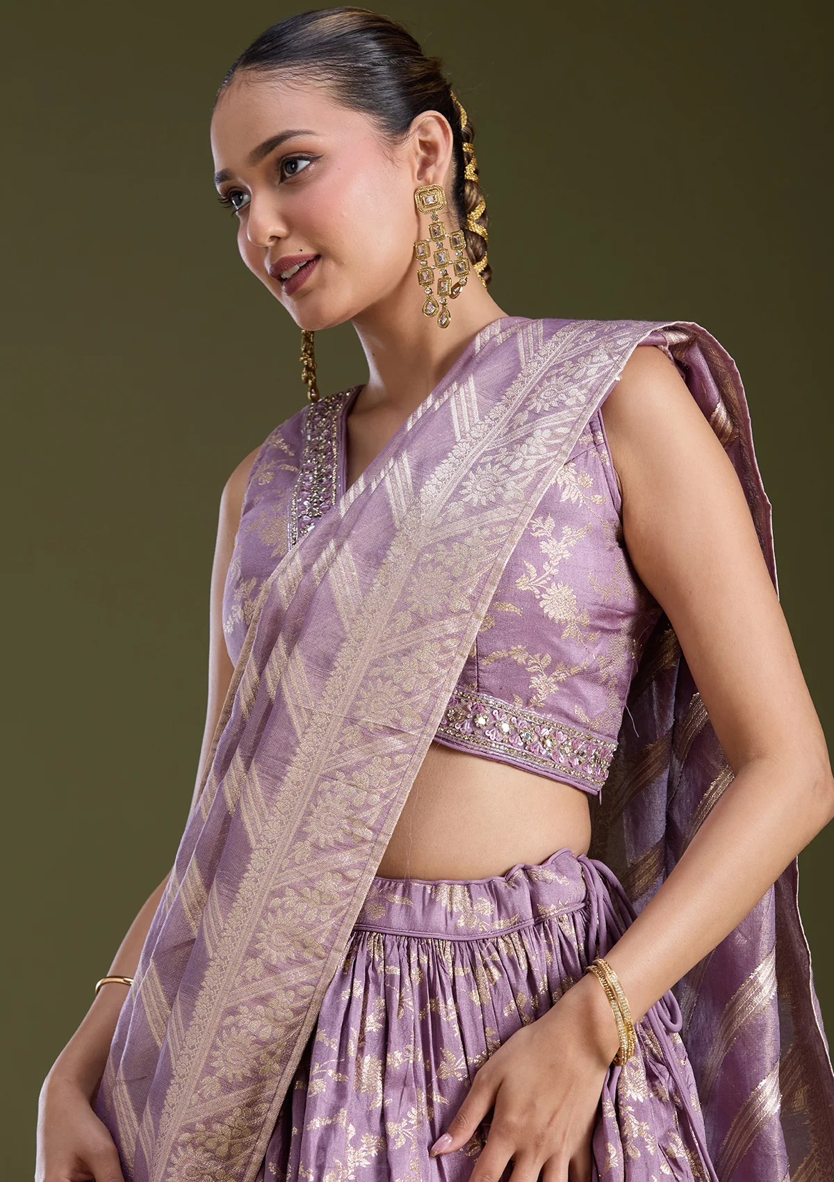 Dark Lavender Sequins Soft Raw Silk Readymade Lehenga - Image 7