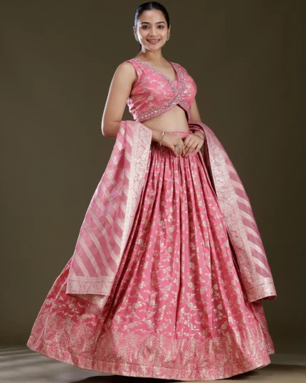 Onion Pink Sequins Soft Raw Silk Readymade Lehenga