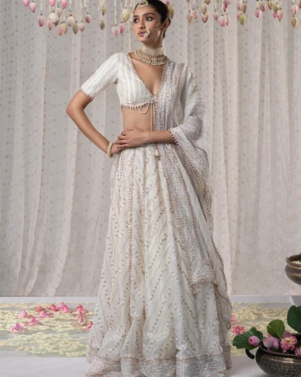 Gulmohar Organza Off White Lehenga