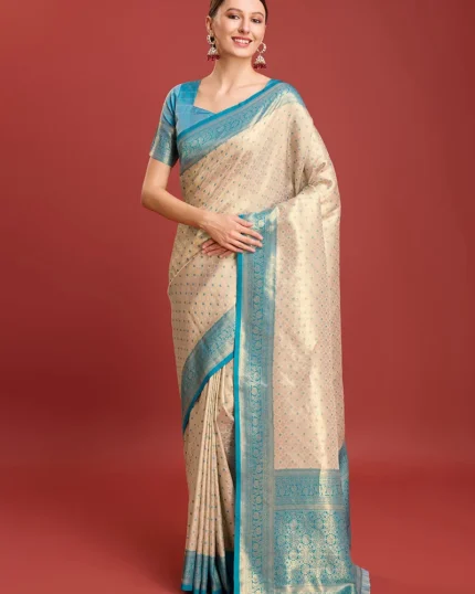 Kanchipuram Silk Zari Woven Traditional Saree With Contrast Sky Blue Blouse Festive Wear