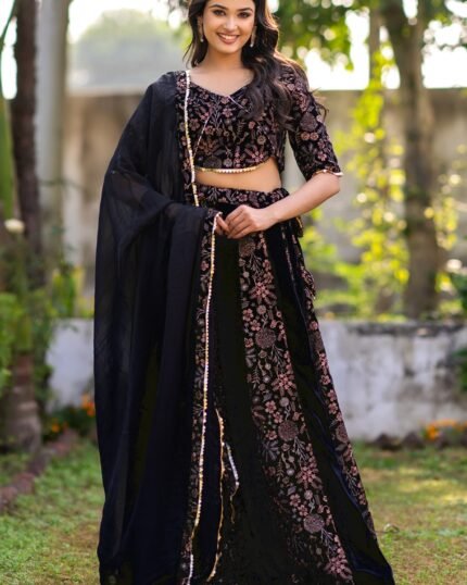 Black Velvet Sequins Embroidered Lehenga Set