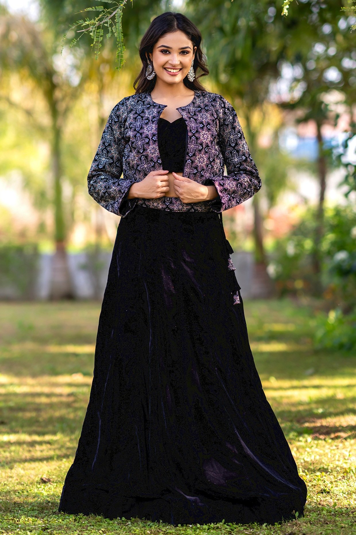 Black Velvet Embellished Jacket Lehenga Set - Image 2