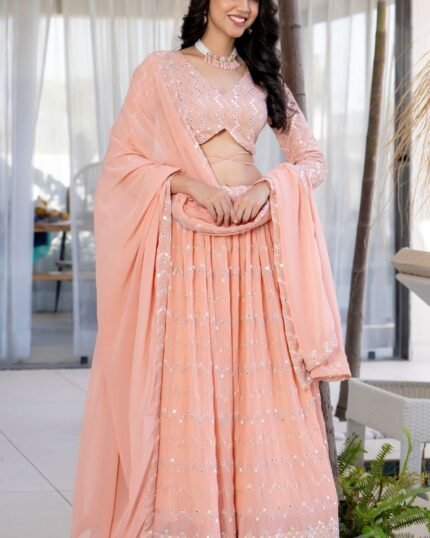 Peach Georgette Mirror Work Lehenga Set