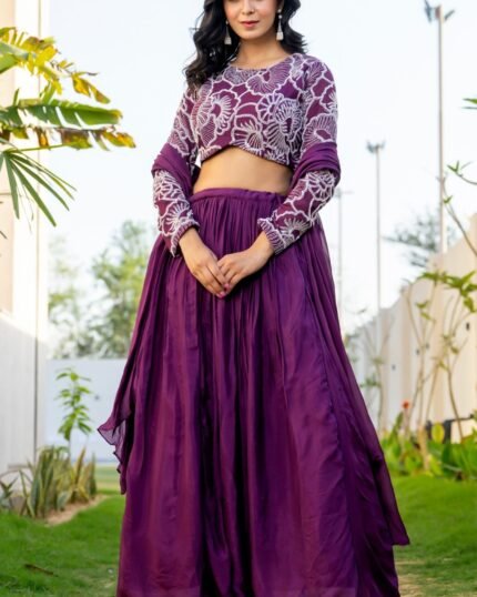 Wine Chinon & Organza Lehenga Set