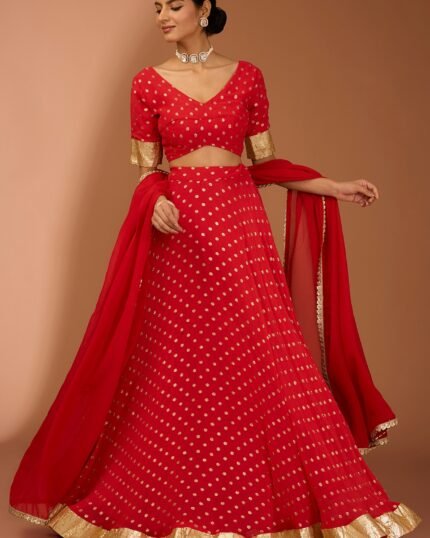 Red Georgette Lace Work Lehenga Set