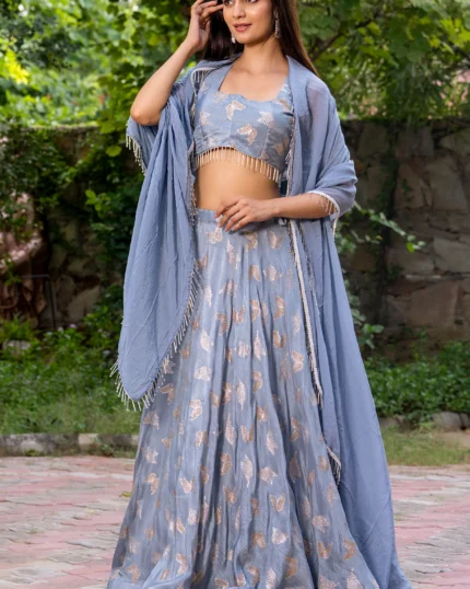 Grey Upada Silk Butterfly Lehenga Set