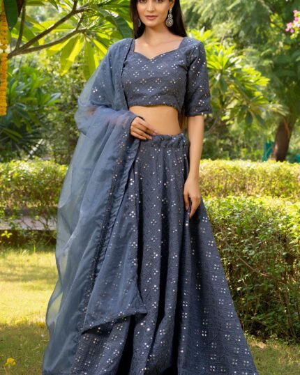 Grey Georgette Mirror Embroidered Lehenga Set