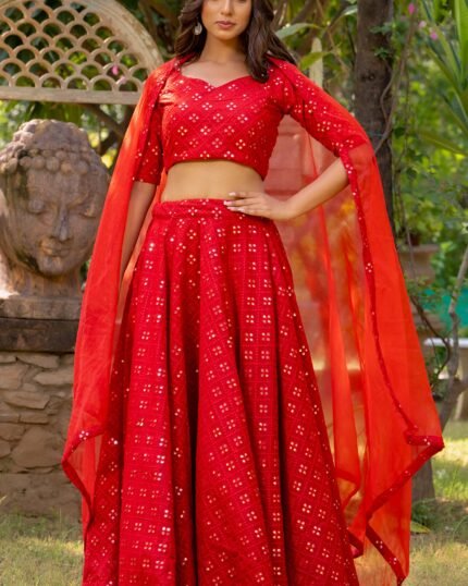Red Georgette Mirror Embroidered Lehenga Set