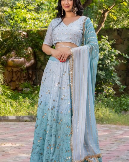 Ocean Blue Georgette Embellished Kalidar Lehenga Set