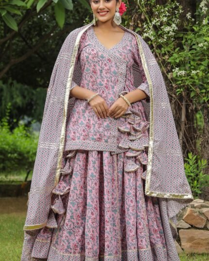 Blossom Pink Cambric Cotton Jaal Block Printed Lehenga Set