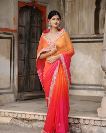 Orange Multiheaded Beauty Pageant Chiffon Saree