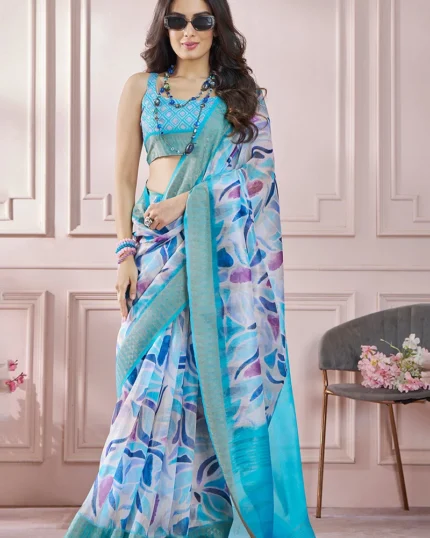 Aqua Blue Soft Silk Printed Zari Woven Saree After Six Wear