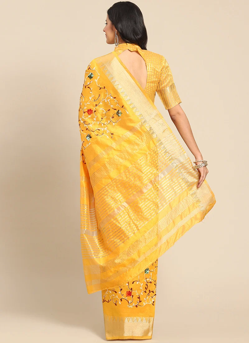 Assam Cotton Silk Thread Embroidered Work Temple Contrast Border Saree Festive Wear - Image 3