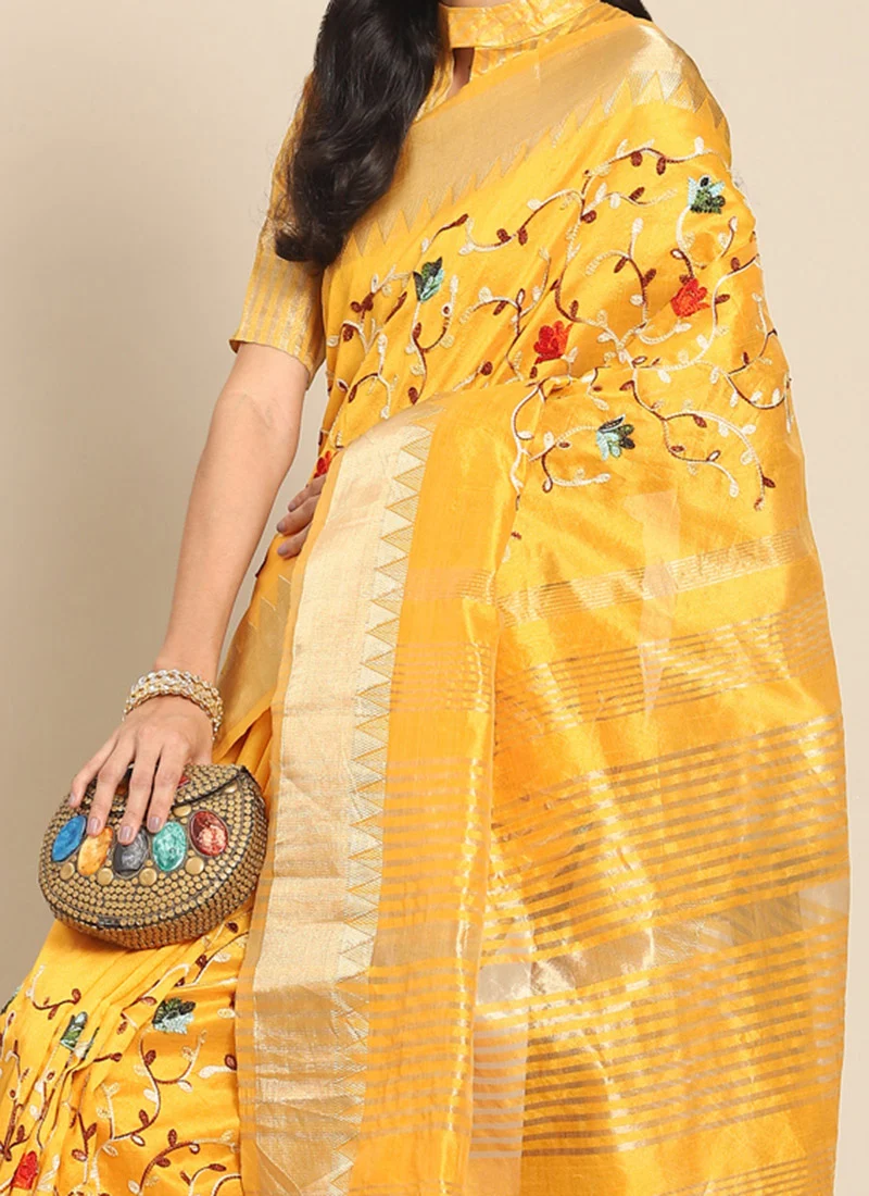 Assam Cotton Silk Thread Embroidered Work Temple Contrast Border Saree Festive Wear - Image 4