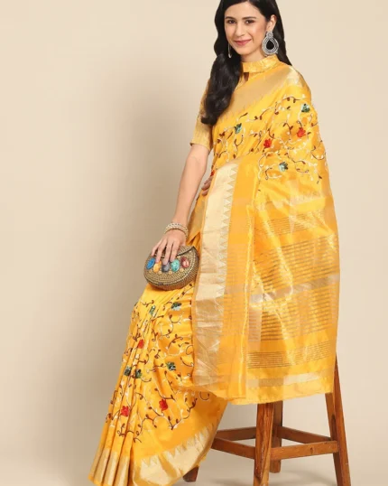 Assam Cotton Silk Thread Embroidered Work Temple Contrast Border Saree Festive Wear