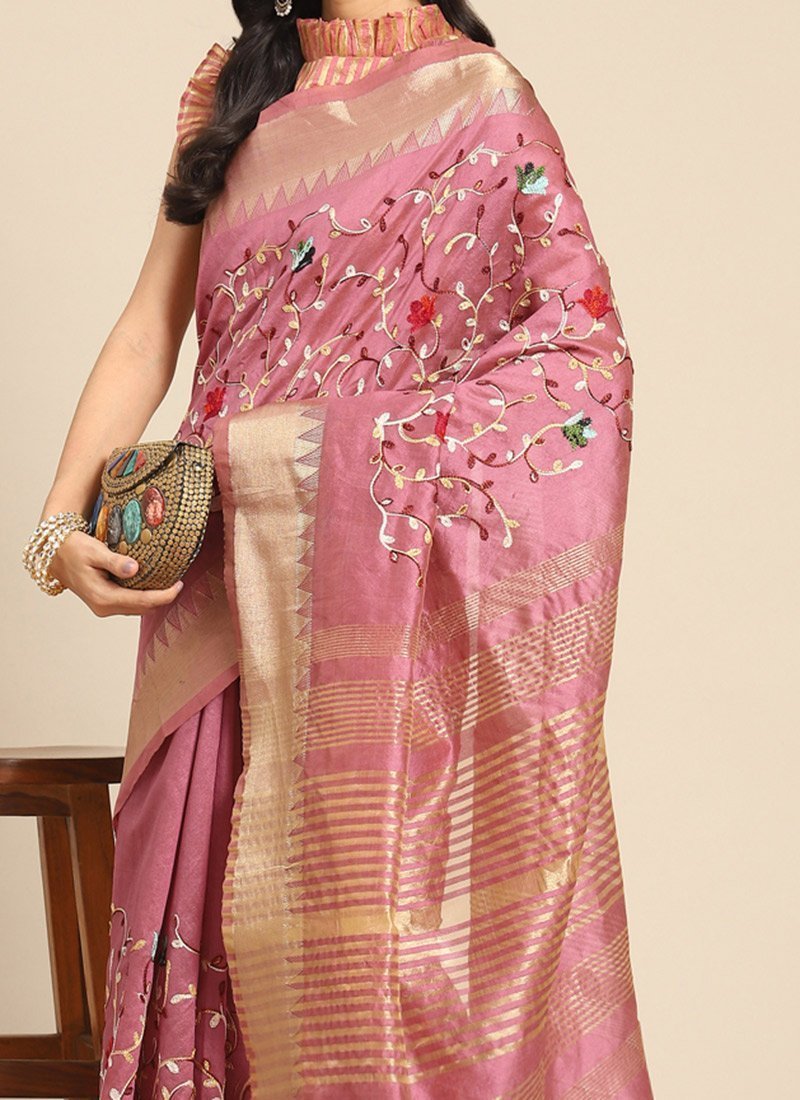 Assam Cotton Silk Thread Embroidered Work Temple Contrast Border Saree Festive Wear - Image 11