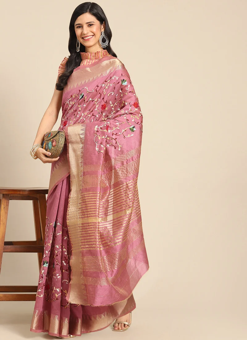 Assam Cotton Silk Thread Embroidered Work Temple Contrast Border Saree Festive Wear - Image 9