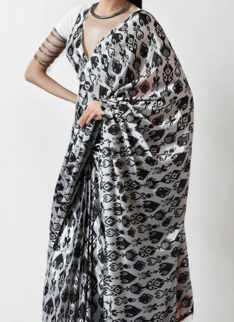 Black Chinon Digital Print Pre Draped Saree After Six Wear - Image 3