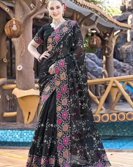 Black Organza Floral Embroidered Sequins Stone Embossed Saree Festive Wear